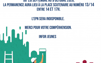 En raison de travaux temporaires : Infor Jeunes vous accueille entre 14h et 17h du 28 septembre au 9 octobre rue Scutenaire, 13-14 à Schaerbeek